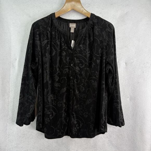 Chicos Women’s Sz 3 (XL) Black Button Up Embossed Velvet‎ Floral Boho Top Witchy - Picture 1 of 6